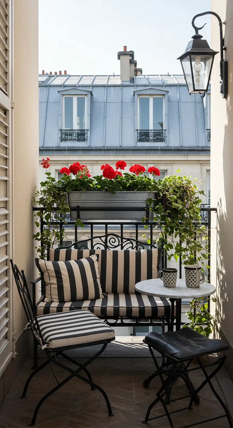 Klein Parijs balkon met smeedijzeren set, gestreepte kussens en rode geraniums.