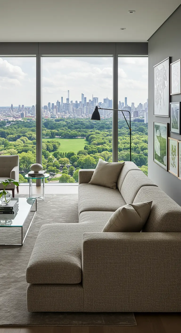 Moderne, lichte woonkamer met grote bank en uitzicht op een groot stadspark en skyline.