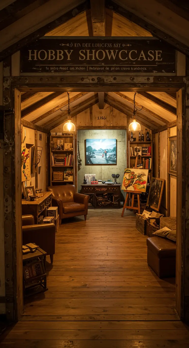 Sfeervolle hobbyruimte met schildersezel, boeken en een comfortabele stoel, uitgelicht door warme lampen.