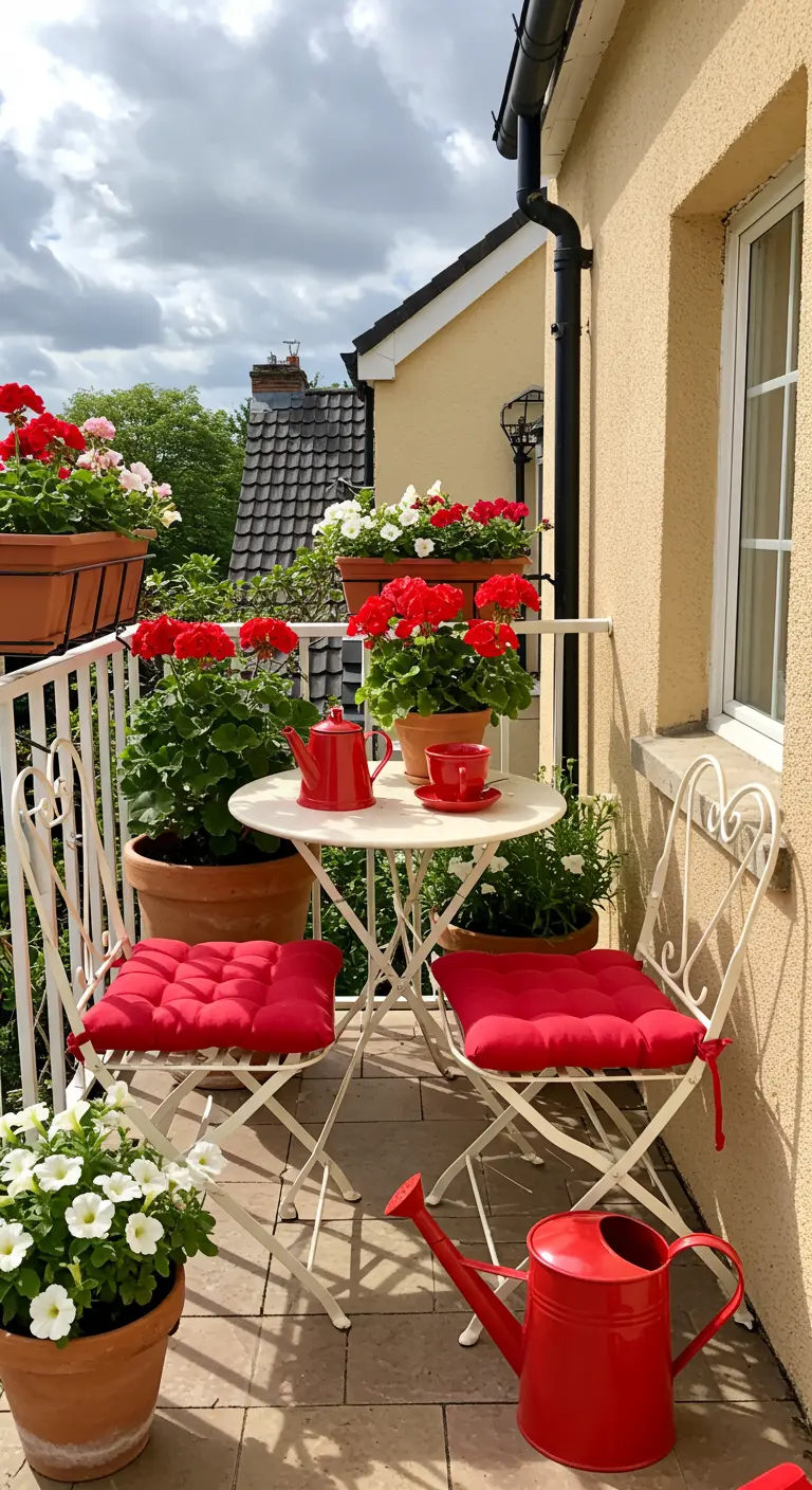 Balkon met witte bistroset, rode kussens, rode geraniums en een rode gieter.