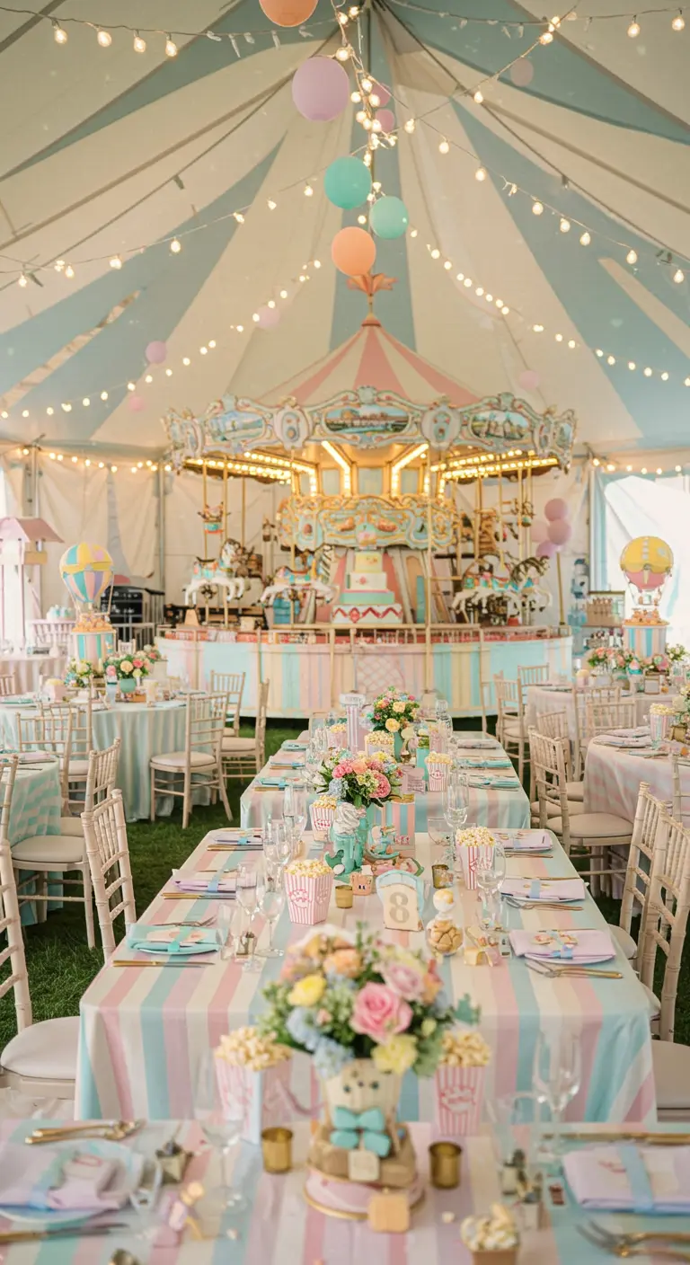 Pastelkleurige thematafel met carrousel op achtergrond, gestreepte kleden en zoete details.