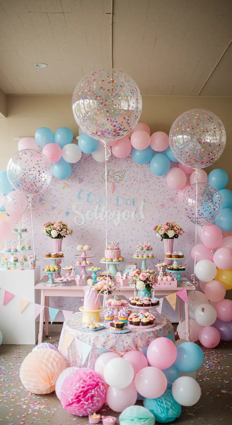 Babyshower met pastel confetti thema, ballonnen en papieren waaiers.
