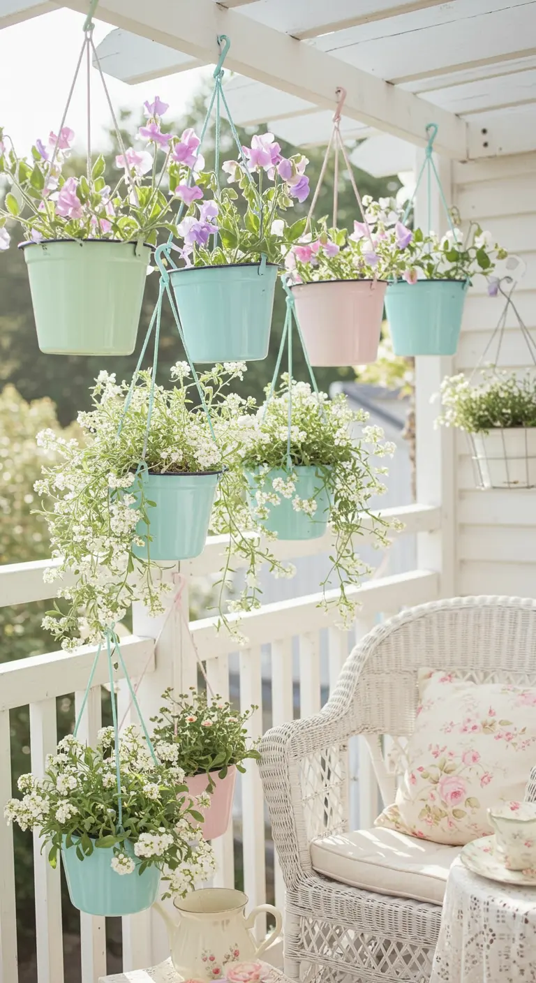 Pastelkleurige hangende emmertjes met bloemen op een wit balkon.