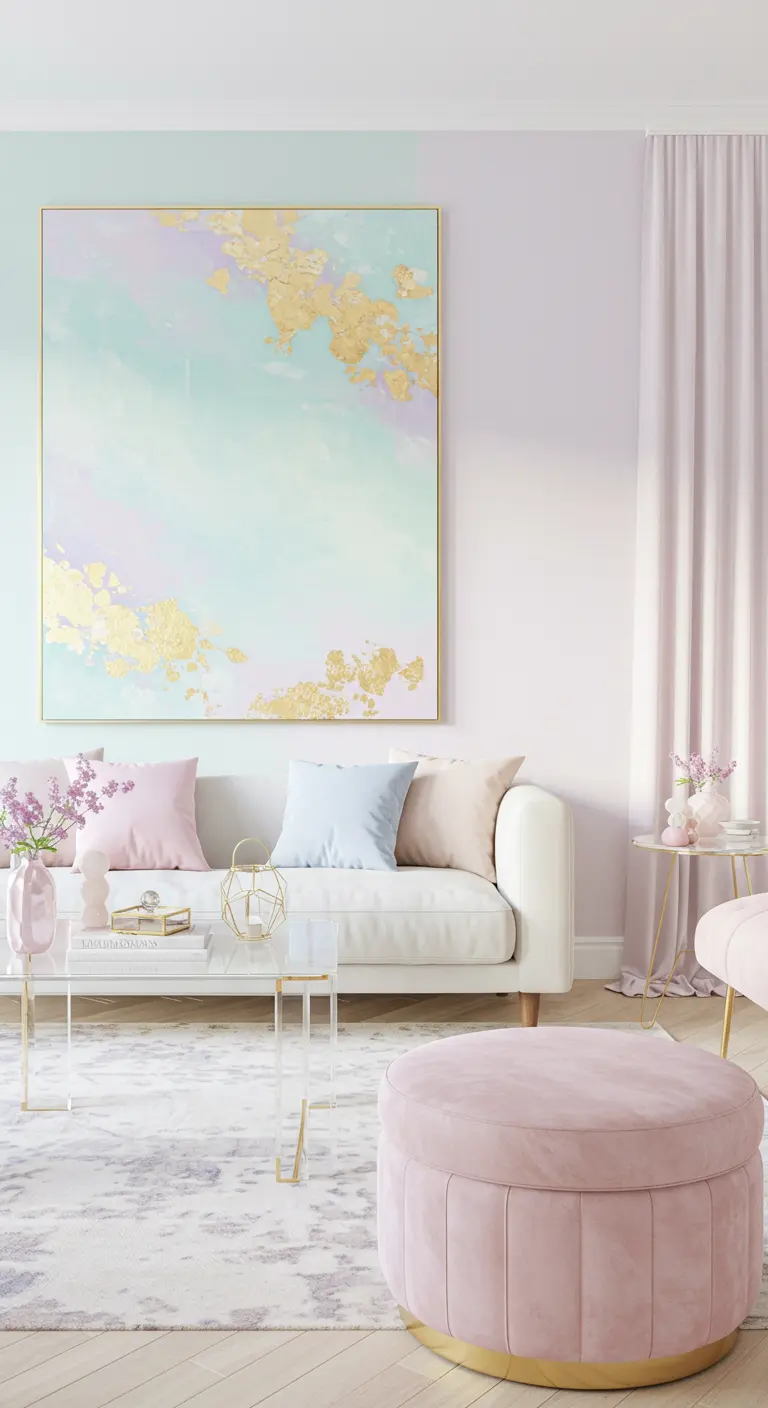 Lichte woonkamer met pastelkleuren, een wit abstract schilderij met goudfolie en een roze poef.