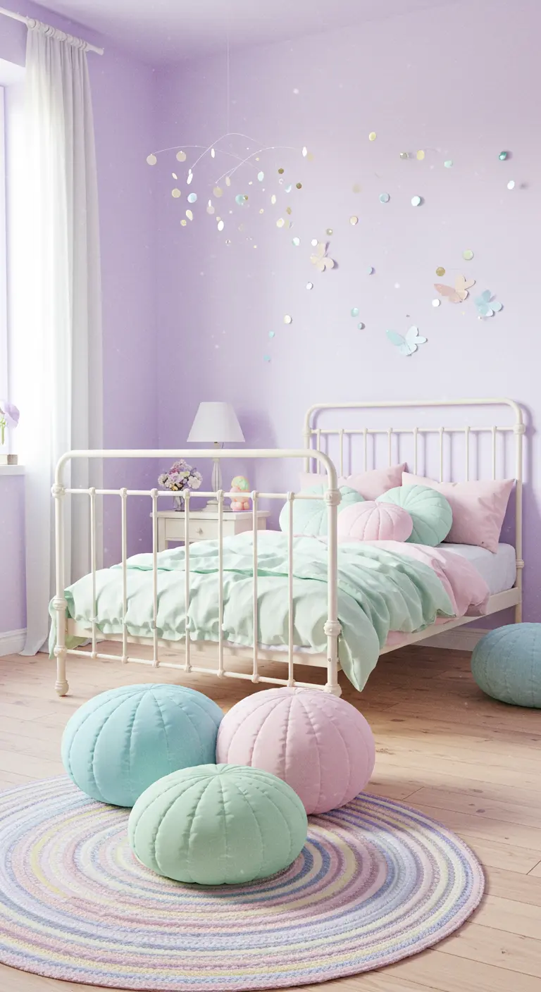 Pastelkleurige kinderkamer met ronde poefs, rond kleed en cirkelmobiel.
