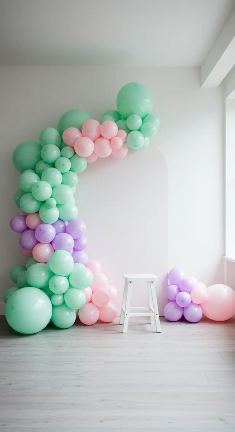 Organische ballonnenboog in pastelkleuren mintgroen, roze en lila.