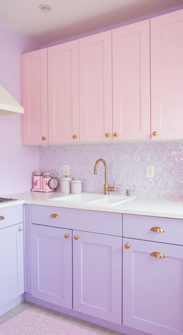 Sprookjesachtige keuken met roze bovenkasten, lila onderkasten en een parelmoeren tegelwand.