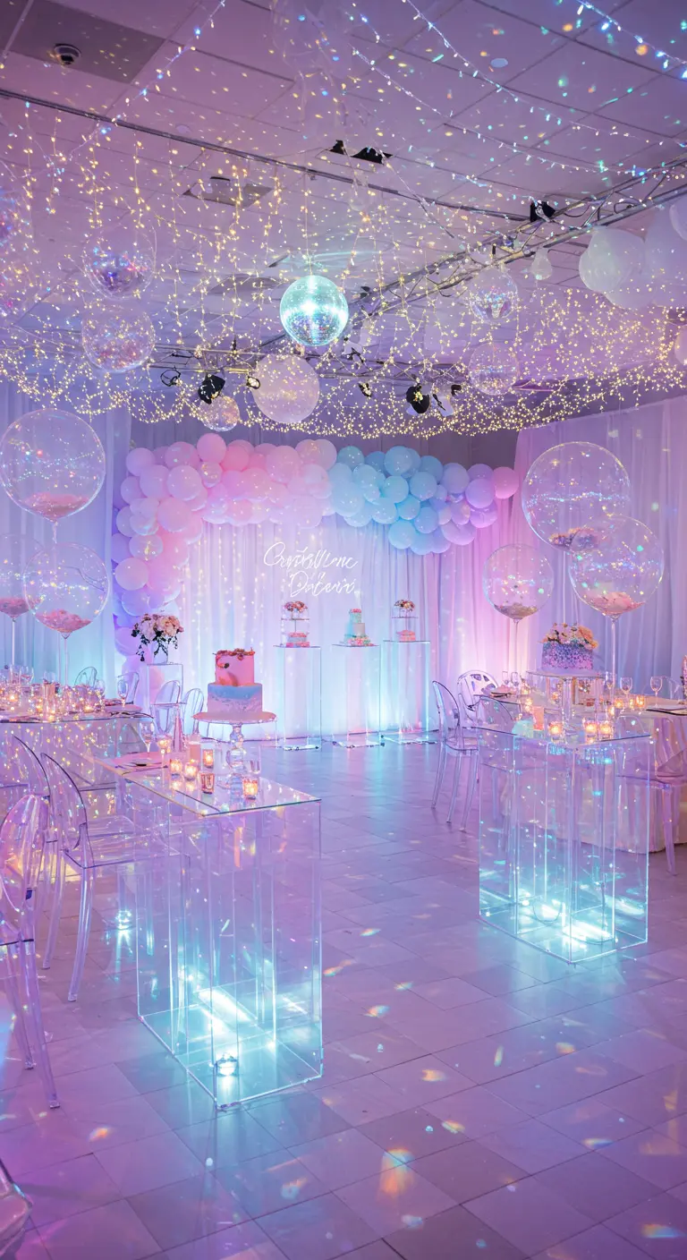 Feestruimte met pastelkleurige ballonnen, lichtgevende plexiglas sokkels, discobal en veel lichtjes.