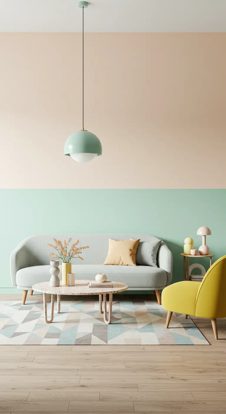 Moderne woonkamer met mintgroene ondermuur en perzikroze bovenmuur, pastelkleuren.