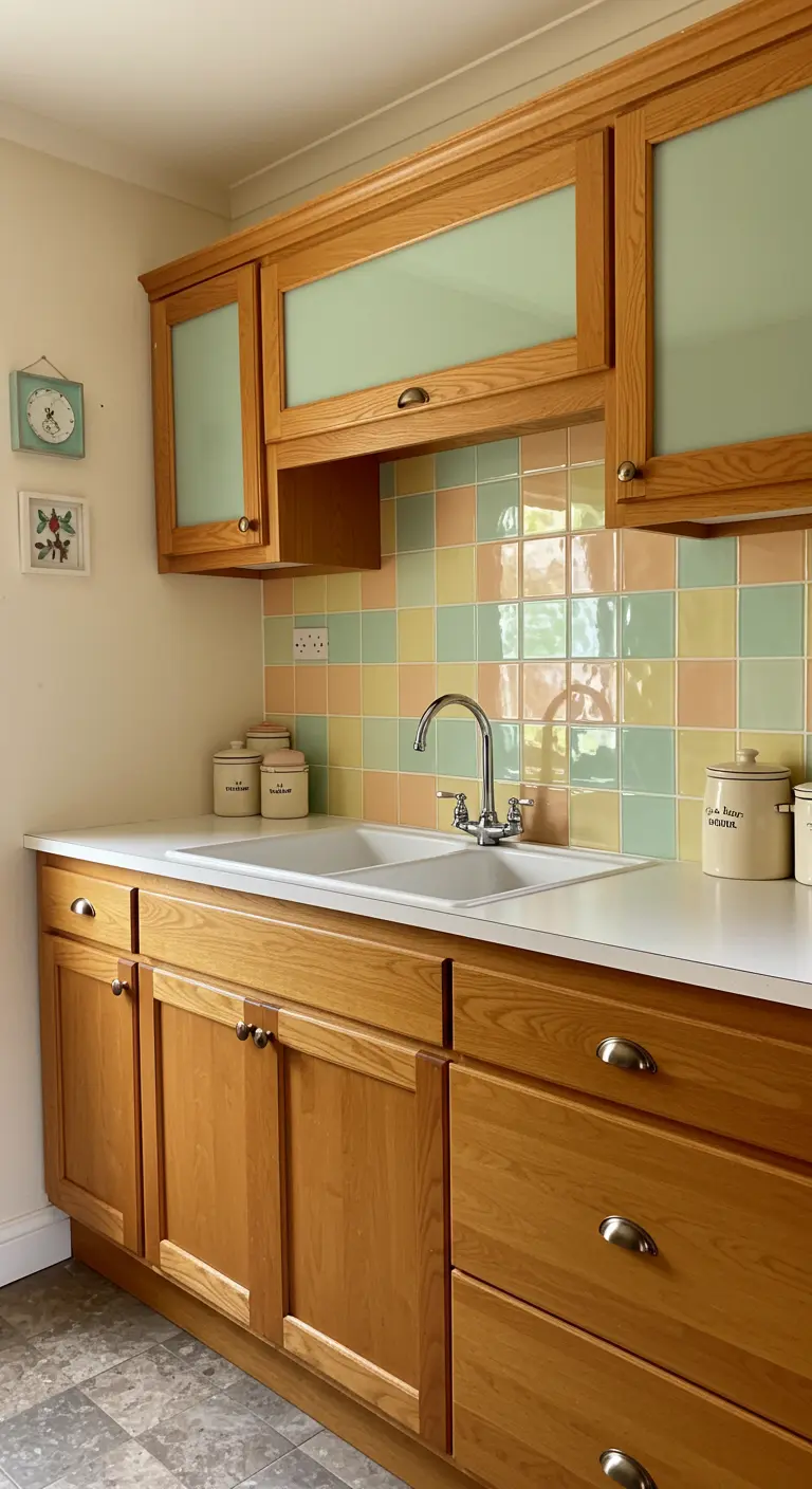 Houten keuken met een achterwand geïnspireerd op pastelkleurige blokken in geel, groen en perzik.