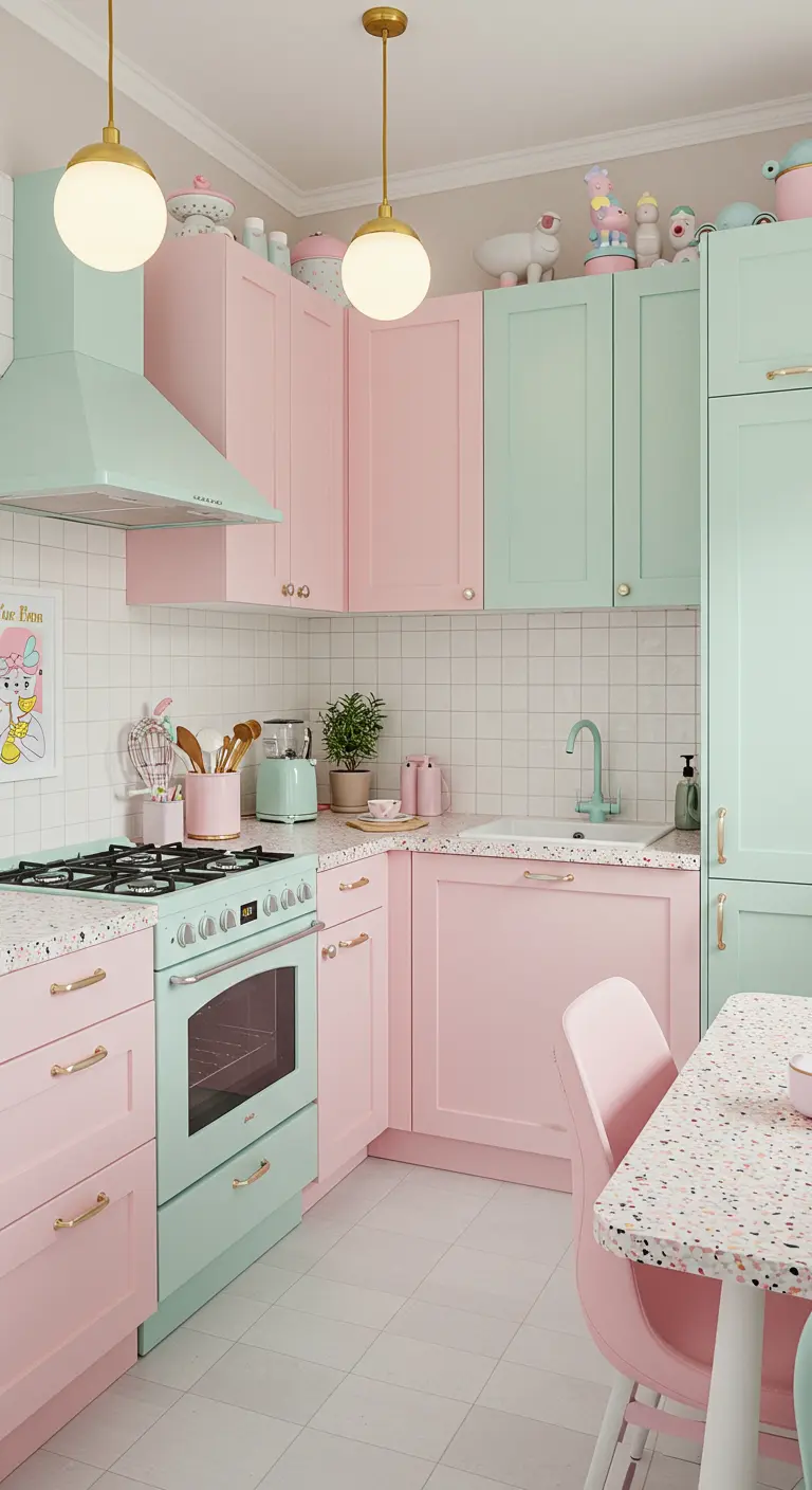 Matte pastelroze en mintgroene keuken met terrazzo details.