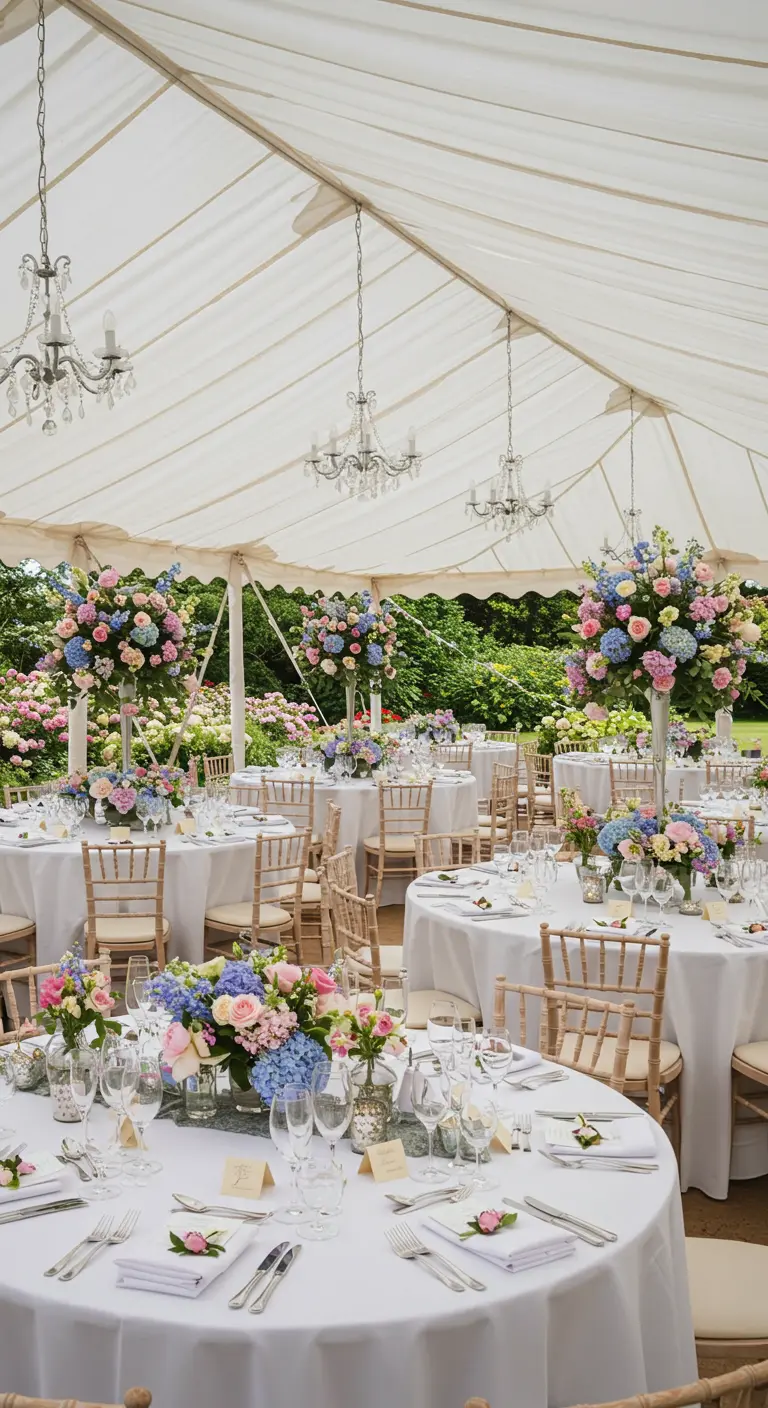 Engelse tuin bruiloft met ronde tafels, pastelkleurige bloemenpracht en kristallen kroonluchters.