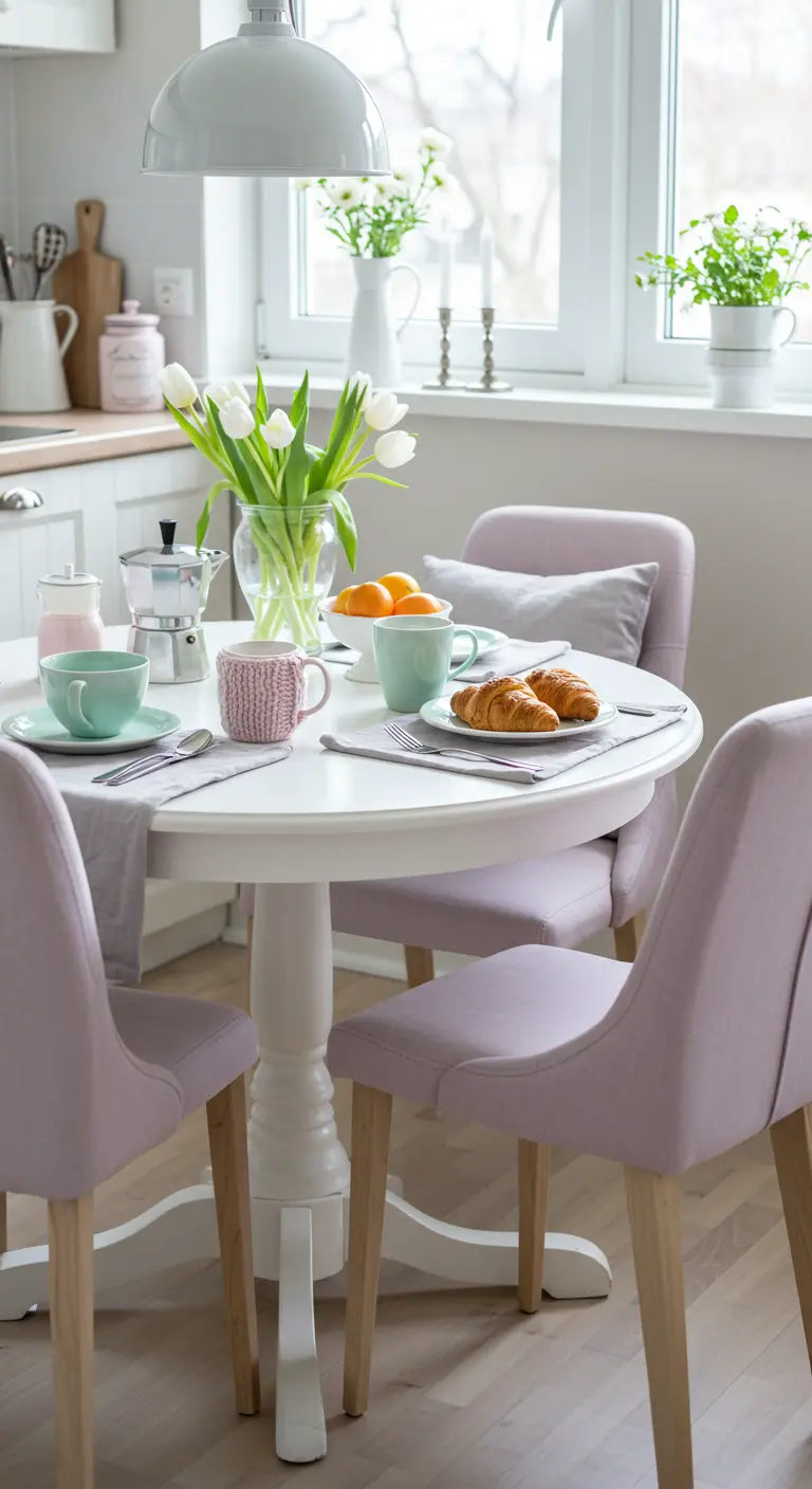 Ronde witte keukentafel met pastel stoelen, witte tulpen en pastelkleurige mokken.