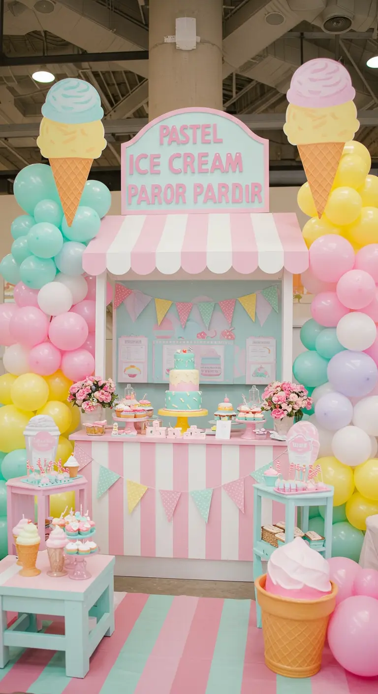 Babyshower met pastel ijssalon thema, gestreept kraampje en grote ijshoorntjes.