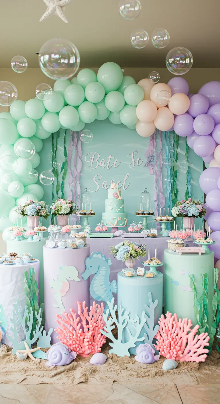 Babyshower met pastel onderwater thema, zeedieren en ballonbubbels.