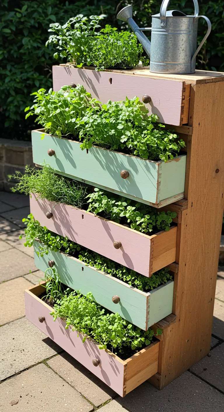 Verticaal ladekastje met open, pastelkleurige lades gevuld met groene kruidenplanten.