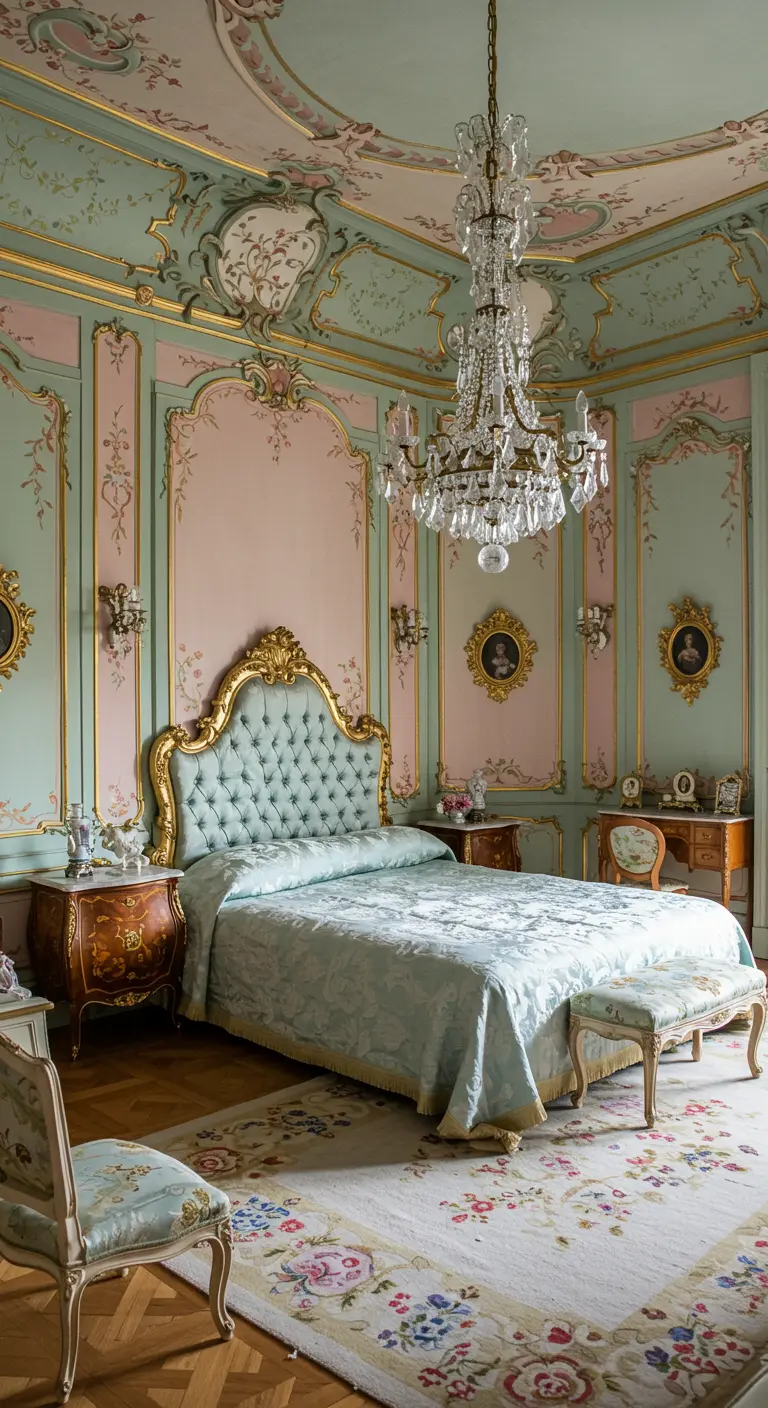 Weelderige slaapkamer in pastelkleuren met gouden accenten, sierlijke ornamenten en kroonluchter.