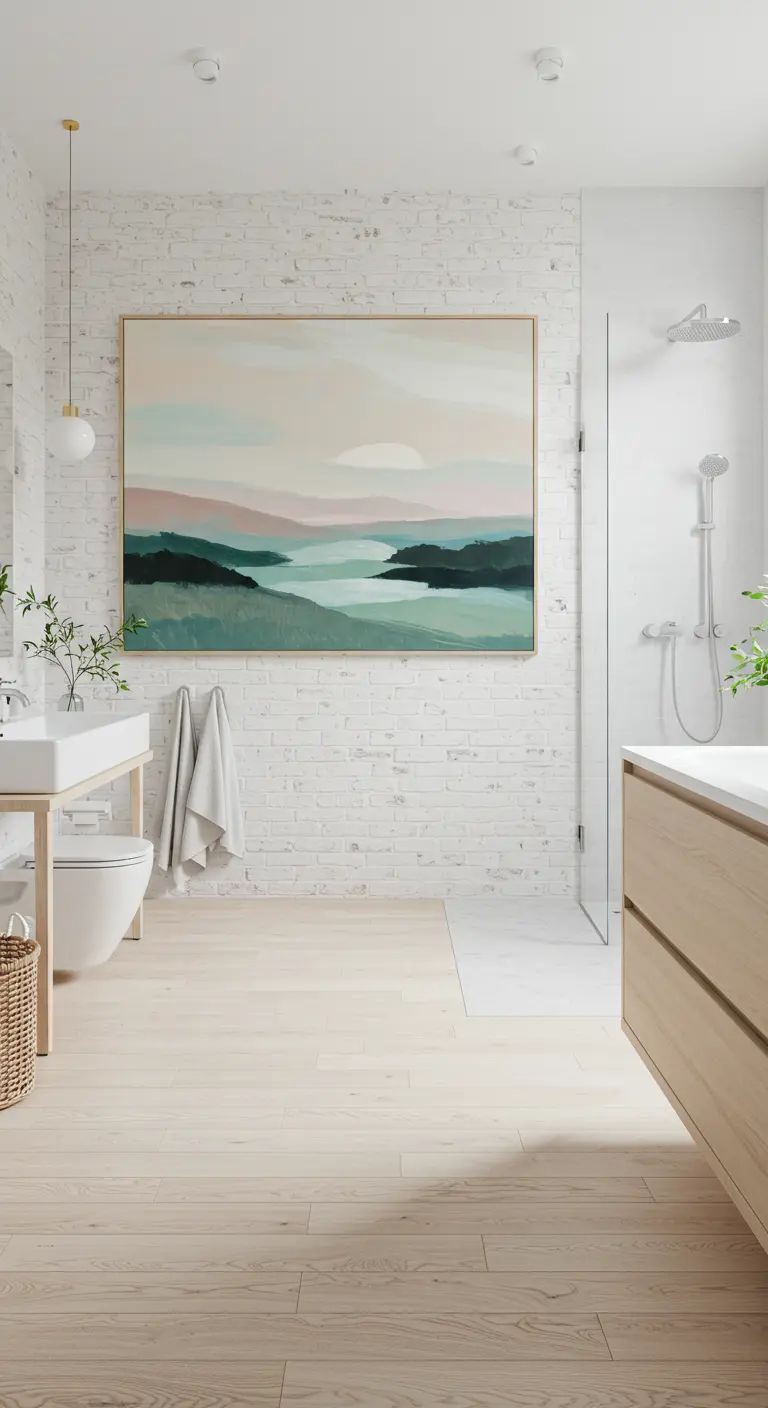 Lichte badkamer met witte bakstenen muur en een groot pastelkleurig landschapsschilderij.