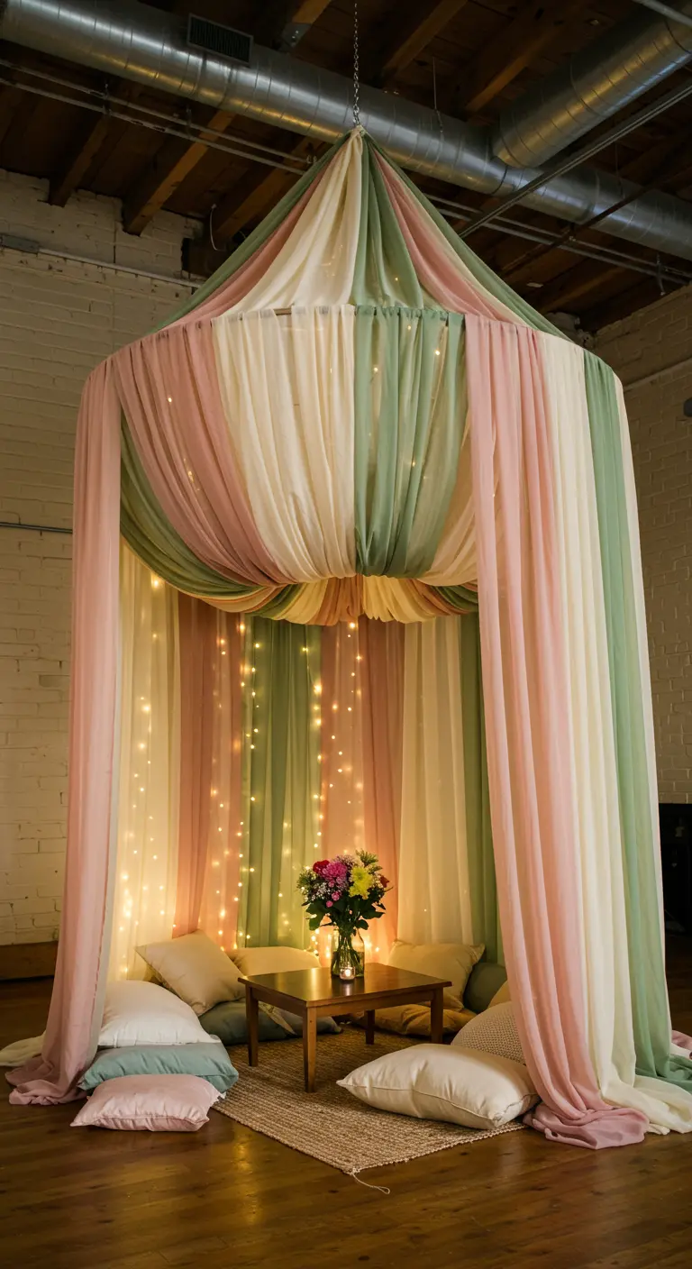 Tent van pastelkleurige stoffen met kussens, bloemen en lichtjes erin.