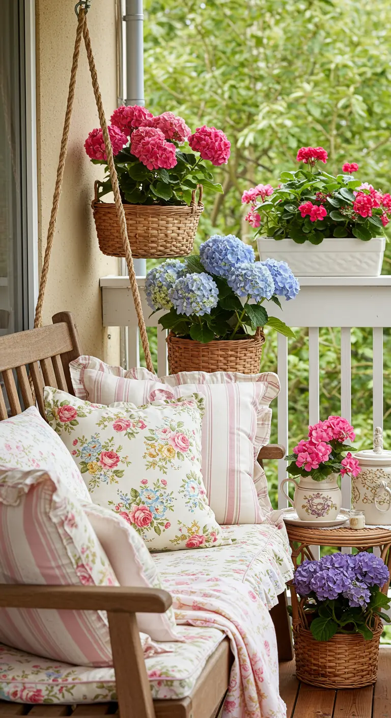 Houten schommelbank met pastel roze-wit gestreepte en bloemenkussens, omringd door hortensia's.