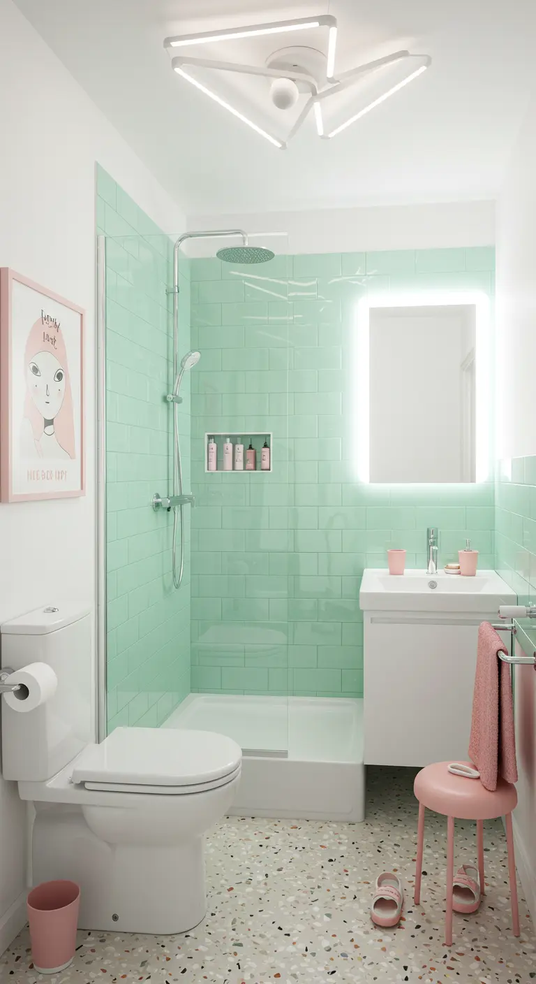 Badkamer met mintgroene tegels, terrazzo vloer en roze accenten.