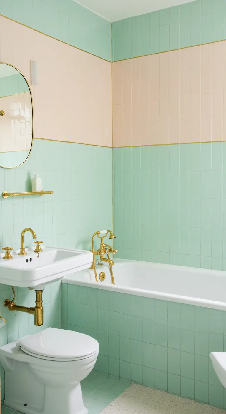 Badkamer met mintgroene en roze tegels, gescheiden door gouden strip