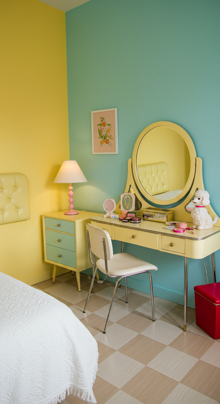 Retro slaapkamerhoek met pastelkleurige kaptafel en ronde spiegel.