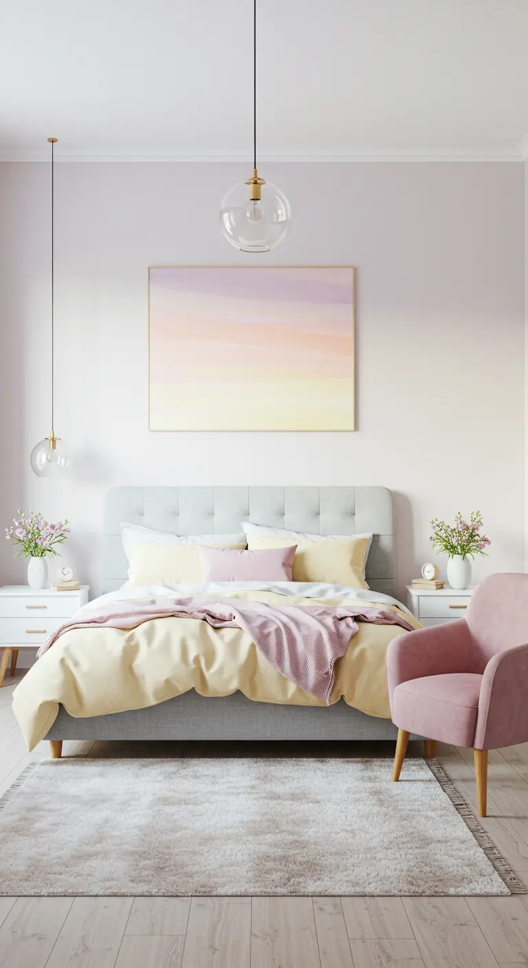 Slaapkamer met zachte pastelkleuren, een grijs bed en een roze fauteuil.