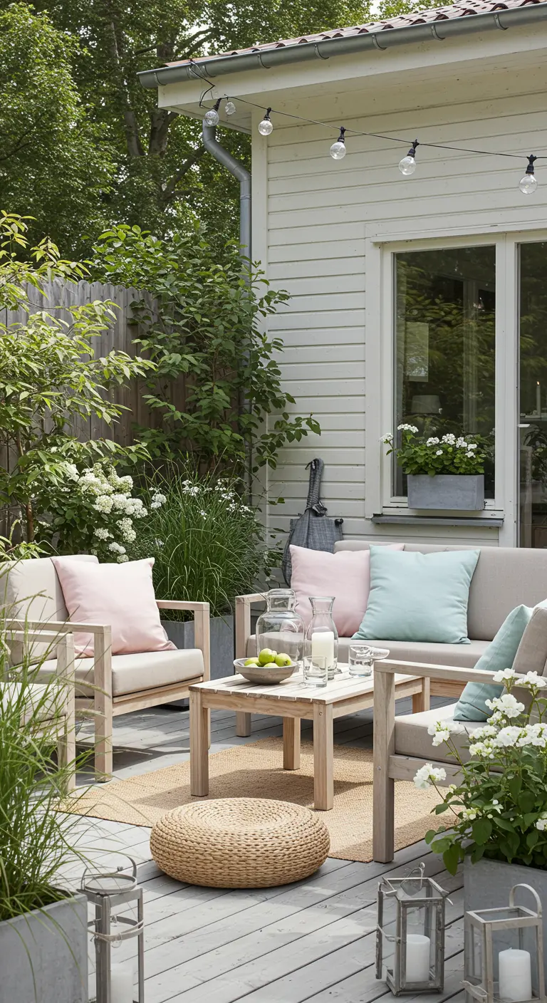 Houten loungeset met pastelkleurige kussens in roze en mint, omringd door groen.