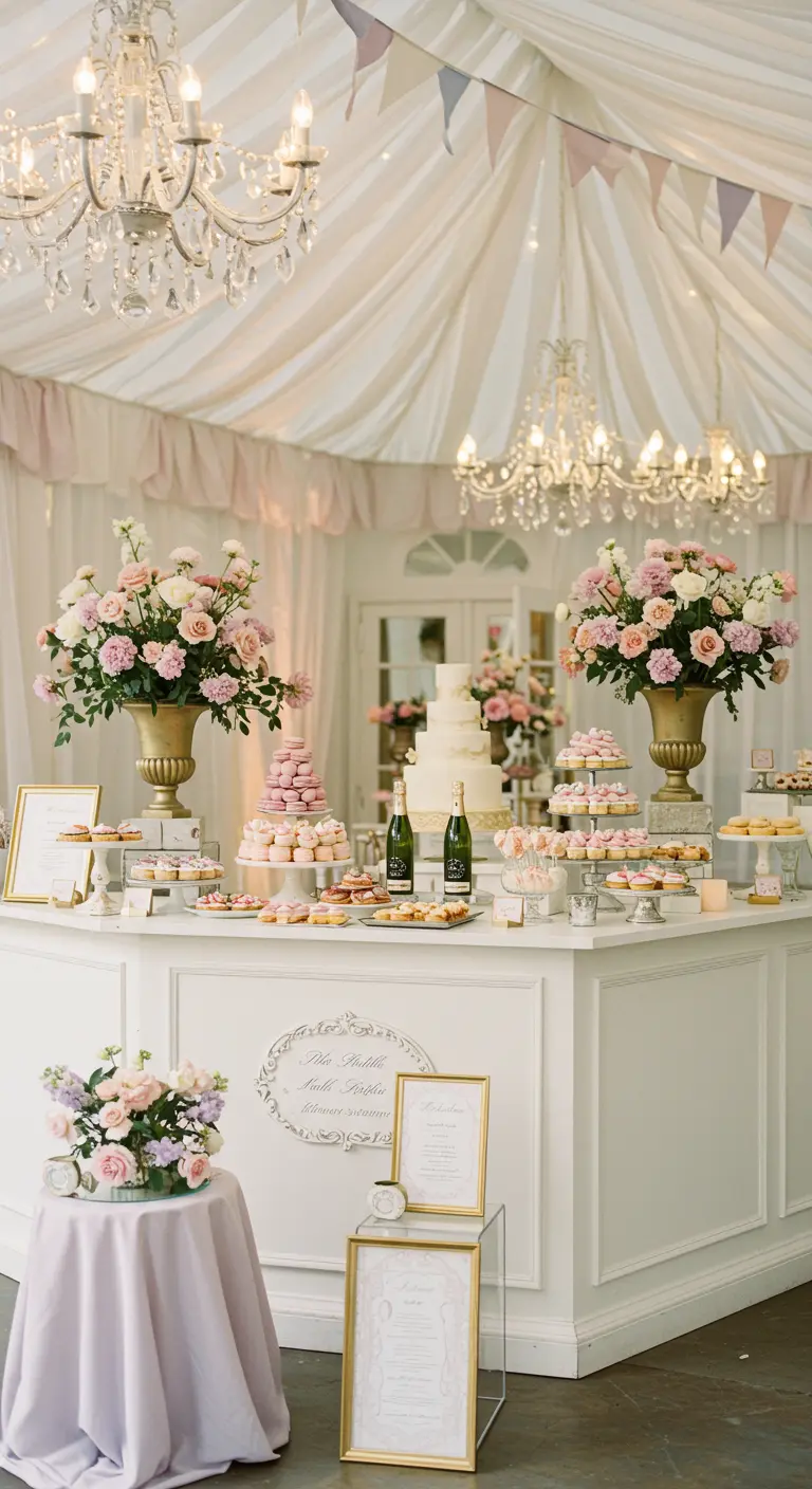 Witte bar met pastelkleurige zoetigheden, bloemen, gouden accenten en kroonluchters.