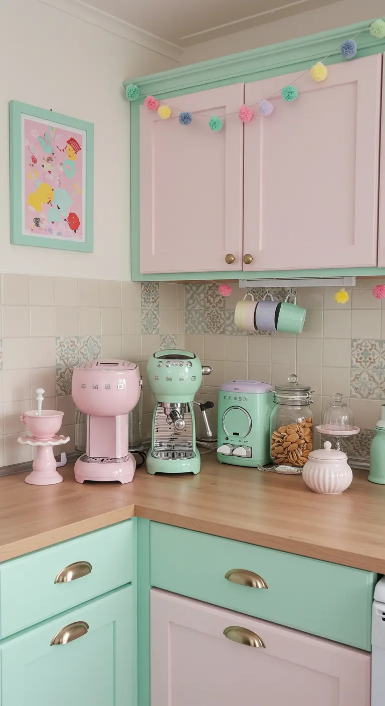 Pastelkleurige koffiecorner met mintgroene en roze kasten en SMEG apparatuur.