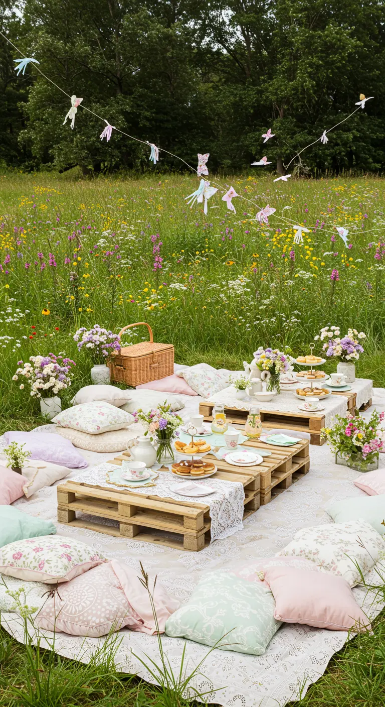Picknick in bloemenweide met pallet-tafels, pastelkleurige kussens en kant.