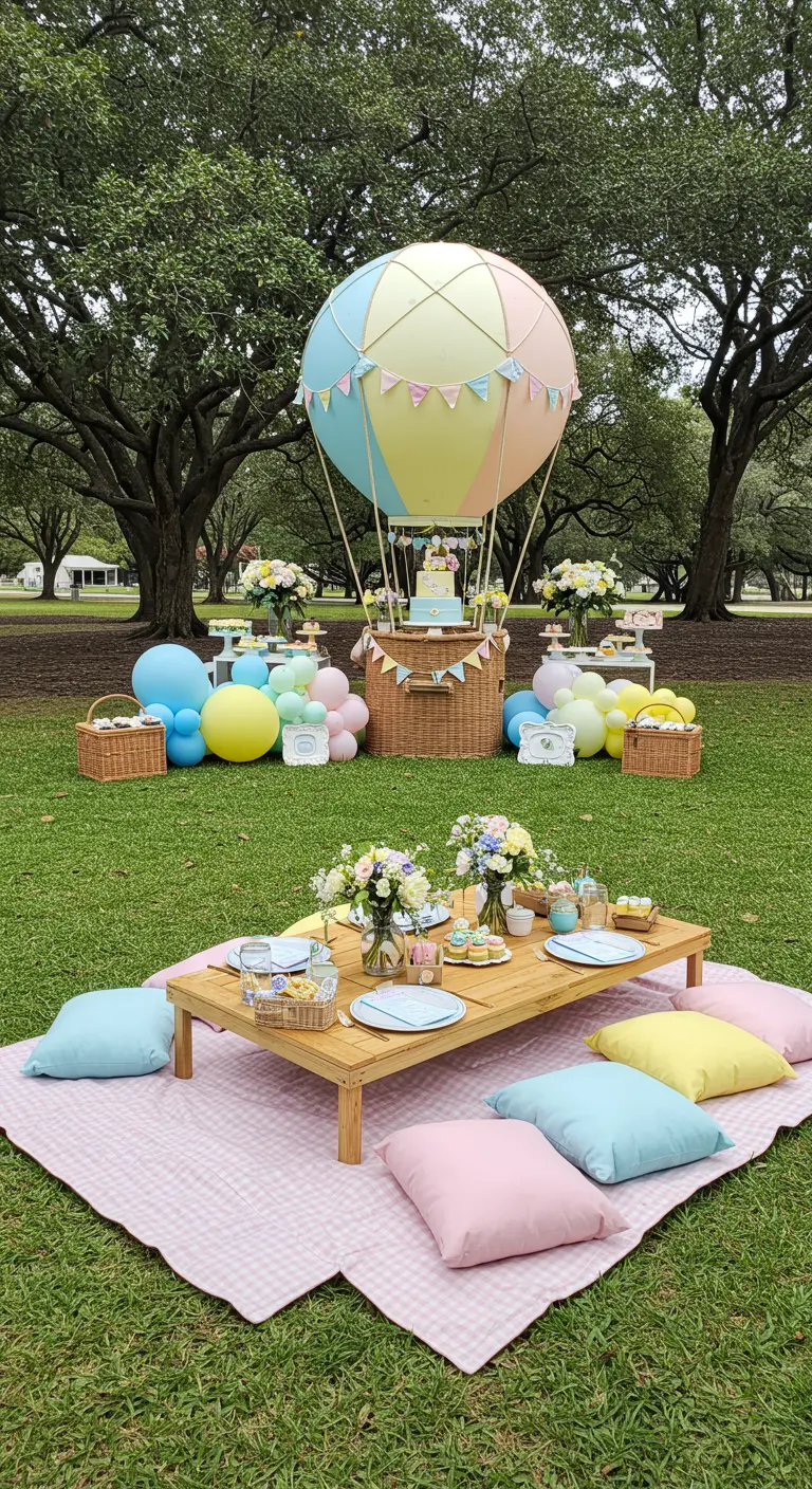 Babyshower picknick buiten met pastel heteluchtballon en zachte kussens.