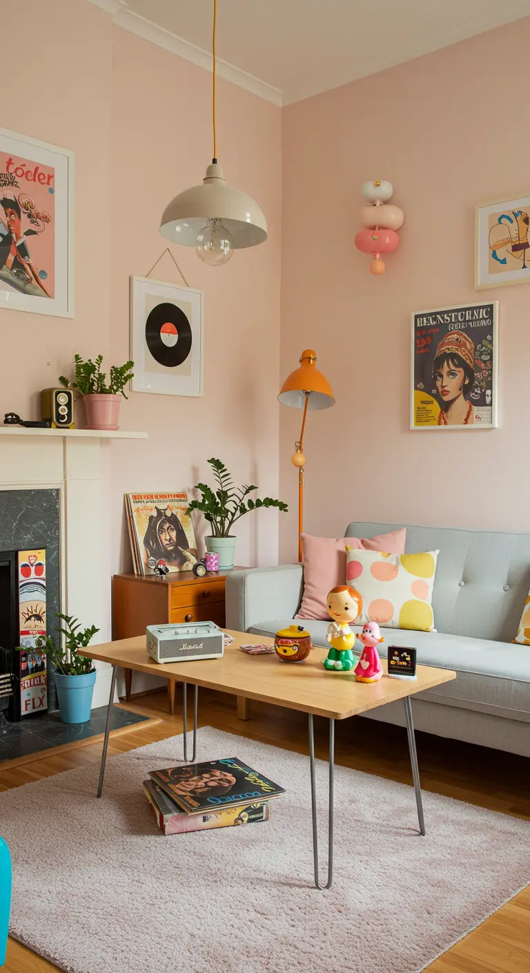 Licht houten retro salontafel met platenspeler, platen en speelgoedfiguurtjes in pastel interieur.