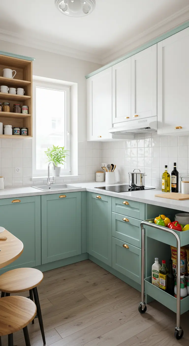 L-vormige keuken met mintgroene onderkasten, witte bovenkasten en een handige keukentrolley.