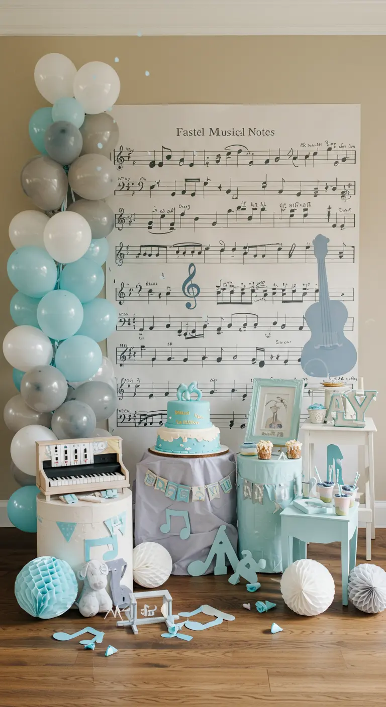 Babyshower met muziekthema, pastelblauw en grijs, en bladmuziek achtergrond.