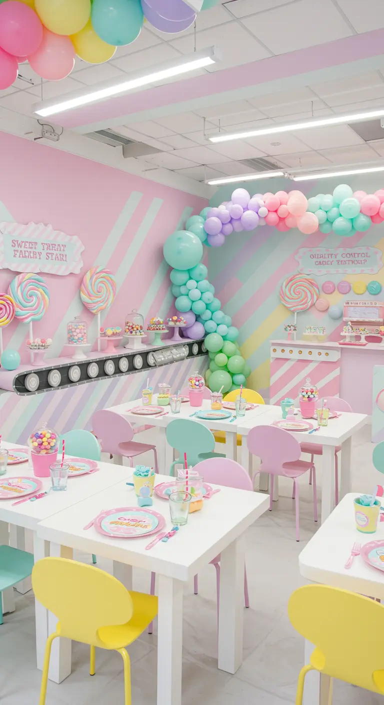 Snoepwinkel thema kinderverjaardag met pastelkleuren en lolly's.