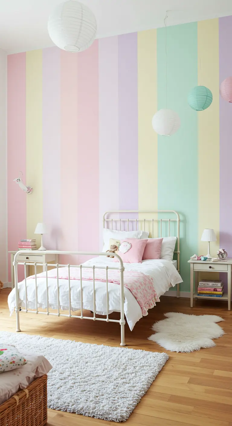 Kinderkamer met verticale pastelkleurige banen op de muur.