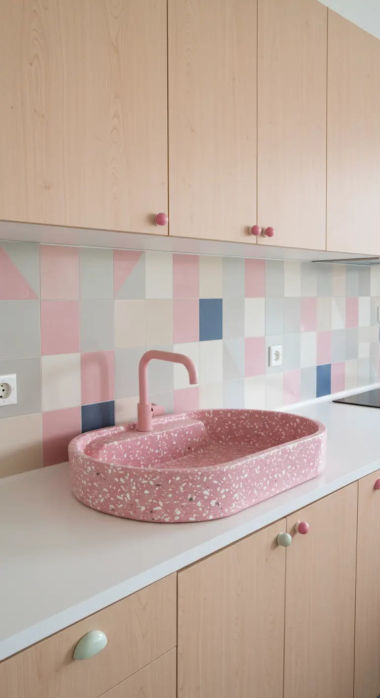 Keuken met roze terrazzo spoelbak, pastelkleurige tegels en licht houten kasten.