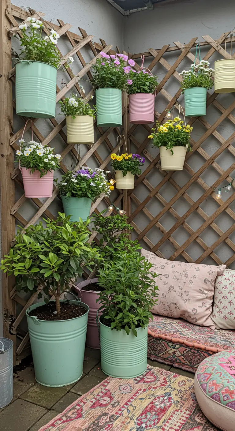 Gekleurde metalen emmers met bloemen hangend aan een houten latwerk op een balkon.