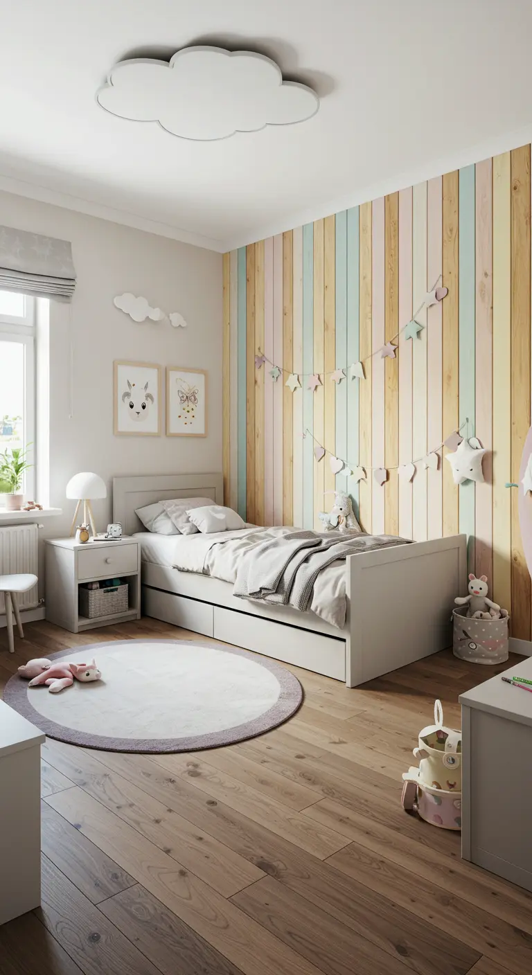 Kinderkamer met houten lattenwand geschilderd in verschillende pastelkleuren.