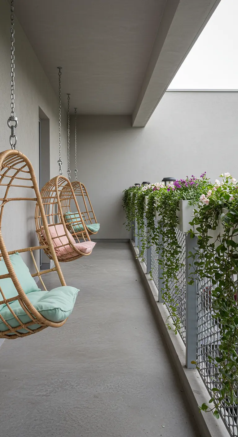 Drie rotan hangstoelen met pastelkussens op een lang, smal balkon.