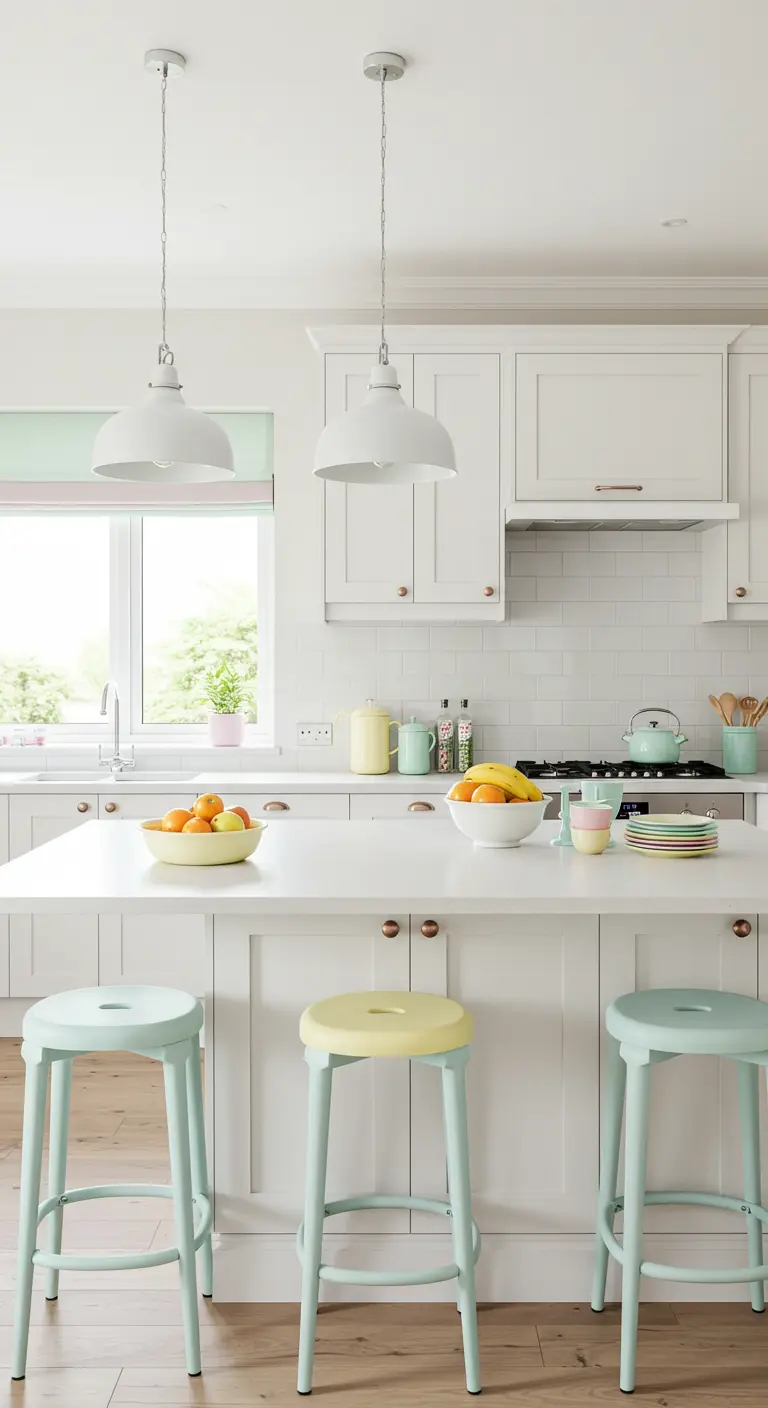 Witte keuken met een kookeiland en pastelkleurige krukjes in mint, geel en lichtblauw.