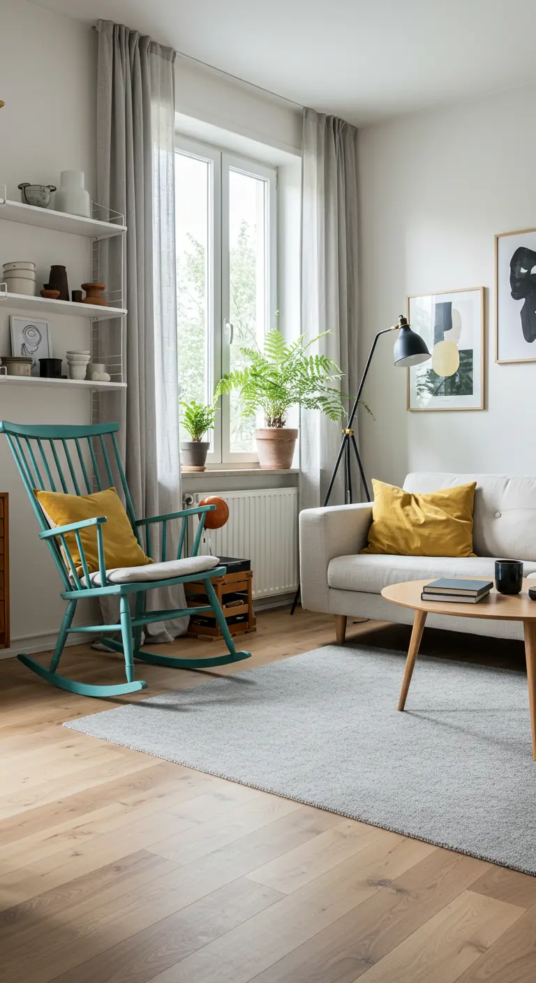 Turquoise houten schommelstoel met geel kussen in lichte woonkamer.