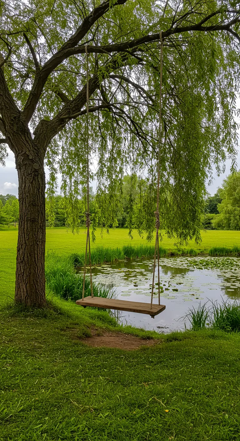 Boomstam-schommel onder een wilg aan de oever van een vijver, weerspiegeling in water.