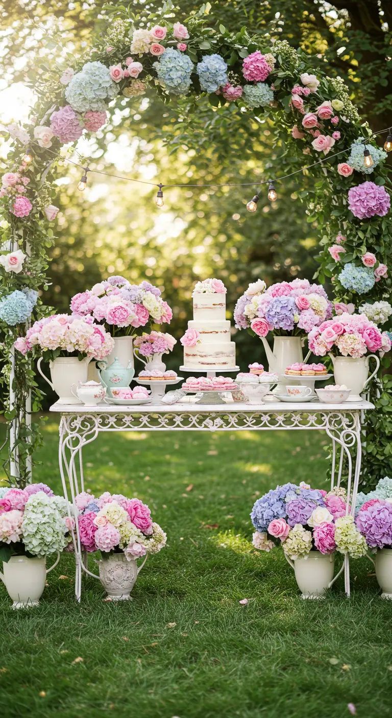 Romantische taarttafel in de tuin onder een bloemenboog met pastelkleurige bloemen.