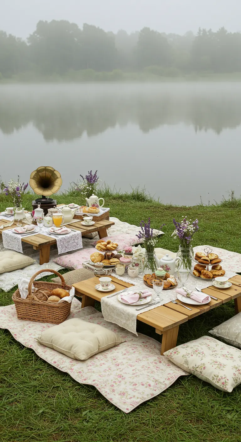 Romantische picknick ontbijtsetting aan een mistig meer met lage tafels en bloemen.
