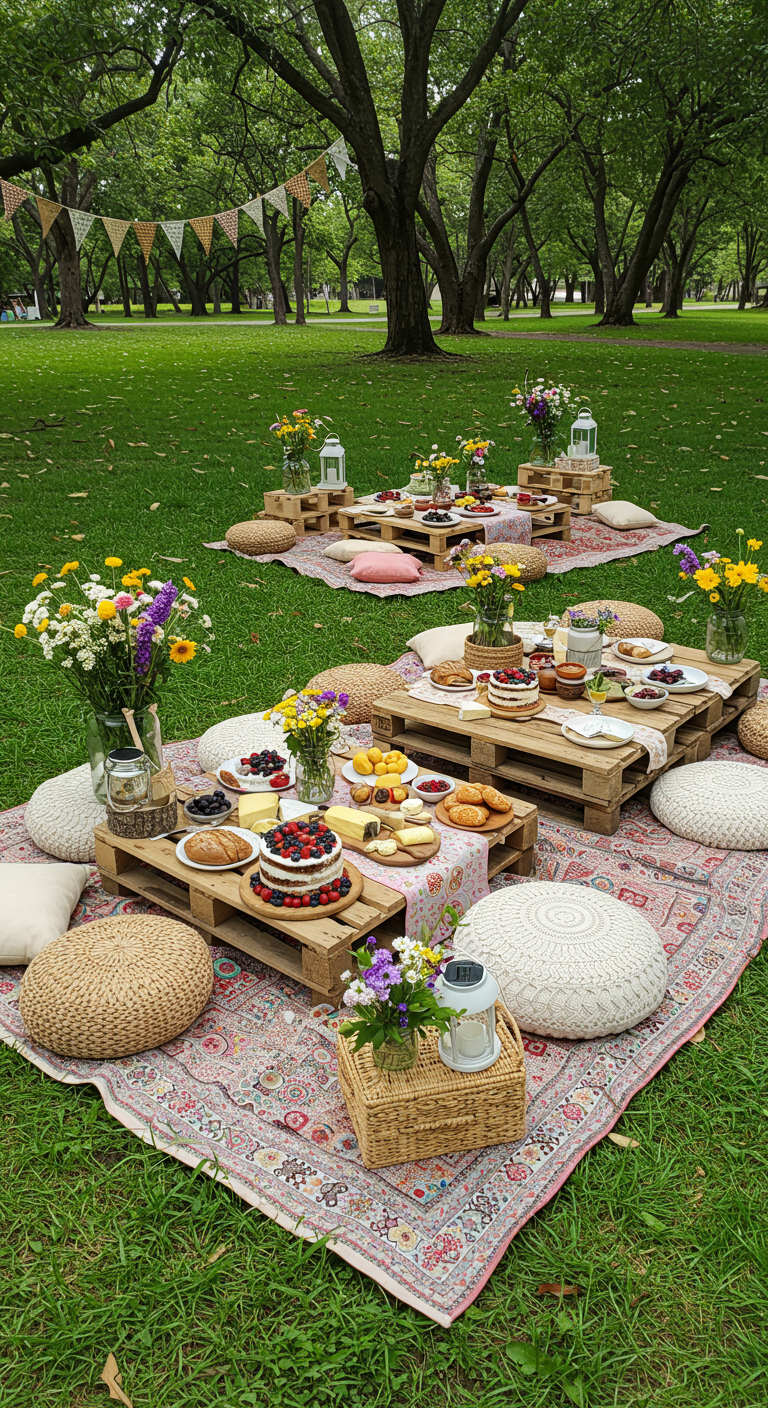 Boho picknick in het park met pallettafels, kleurrijke kleden en verse bloemen.