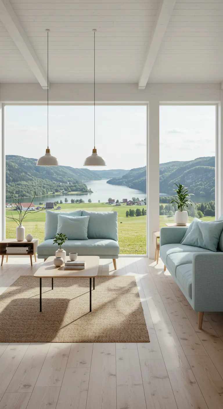 Lichte woonkamer in Scandinavisch landelijke stijl met uitzicht op een groen dal en een meer.