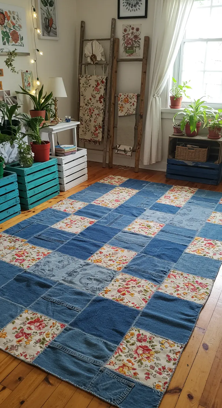 Slaapkamer met een groot DIY patchwork vloerkleed van denim en bloemetjesstof.